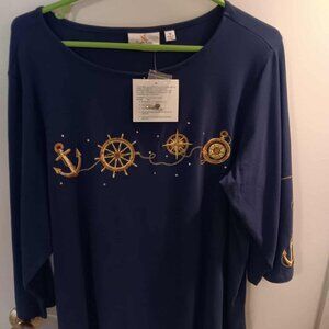 Quacker Factory woman's costal top NEW 1X Navy Blue